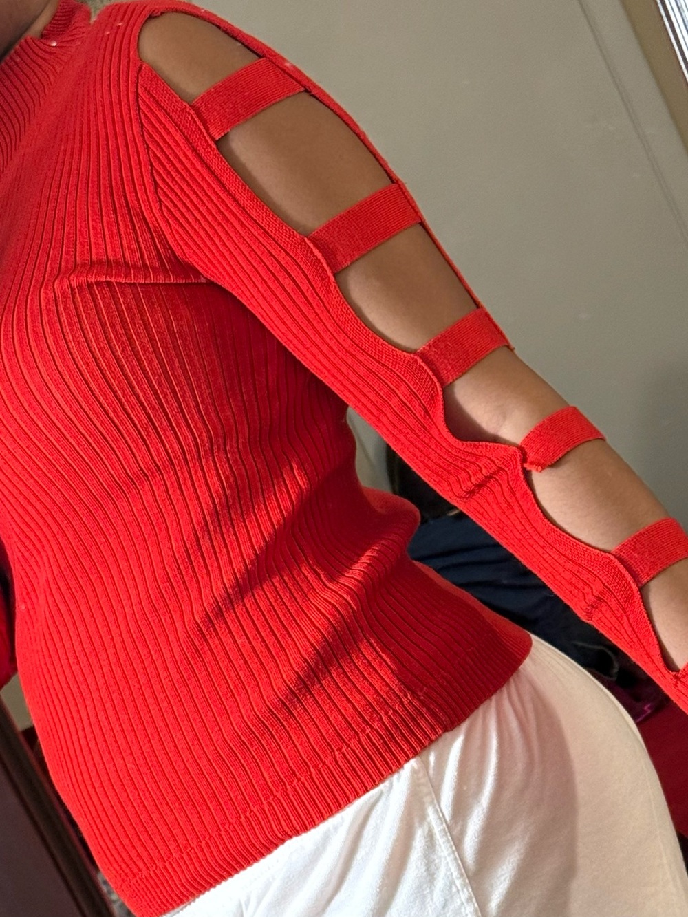 New Look Bright Red Ribbed Turtleneck with Side Slit Straps